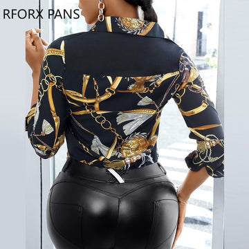 Yipinpay Women Chain Scarf Print Button Design Shirt Top for Women Top 2023